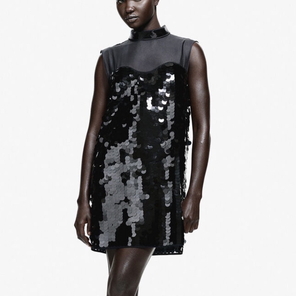 H&M Edition Black Sequin Beaded Mock Neck Mini Dress Sleeveless XL Holiday Party
